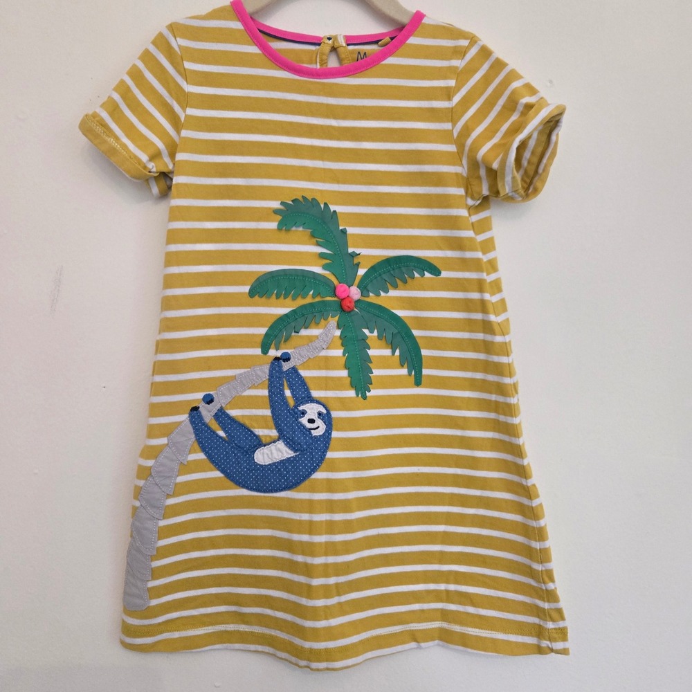 Mini Boden Girls Yellow Striped Sloth Palm Tree Applique Jersey Dress 4-5Y 110cm